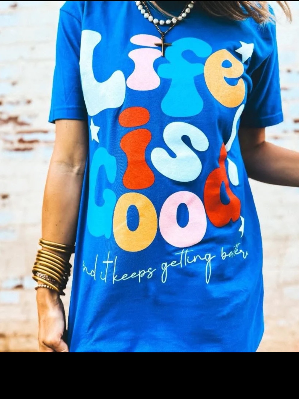 New Bright Blue 'Life Is Good' Short Sleeve Tee with Multicolor Graphic medium